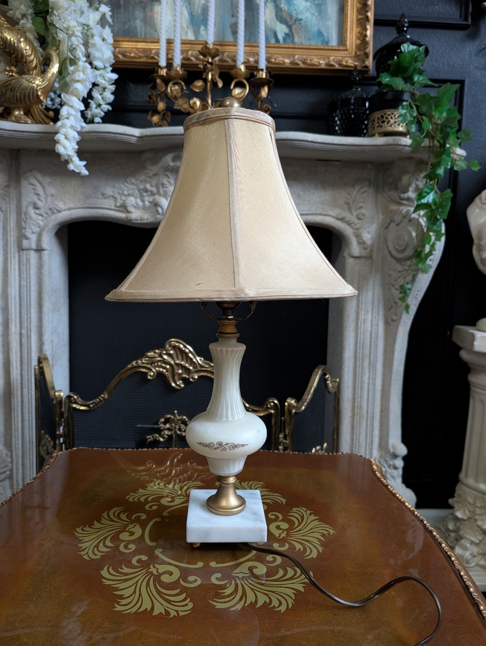 Vintage Porcelain Frederick Cooper Table Lamp, gold details, marble base, taupe